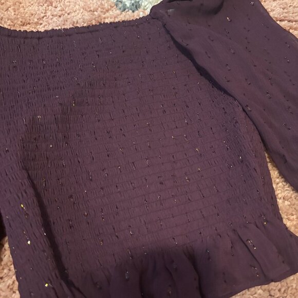 NWT $68 EXPRESS Smocked Top Sheer Burgundy Puff Sleeves w/ Shoulder Pads Sz XS - Picture 2 of 7